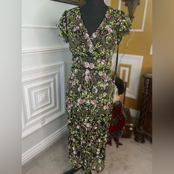 Black Floral Embellished Flutter Cap Sleeve Dress - Picture 1 of 9